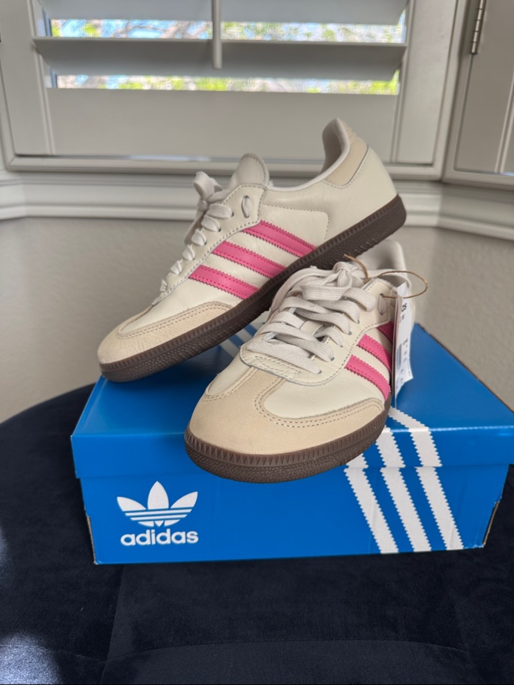Womens Adidas Samba OG W Cream with Pink Stripes and Brown Sole - Picture 2 of 11